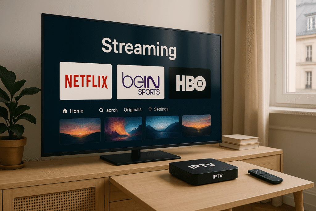 Moderne IPTV box Mediamarkt naast Smart TV met streamingdiensten zoals Netflix en beIN Sports – IPTV Aanbieders

