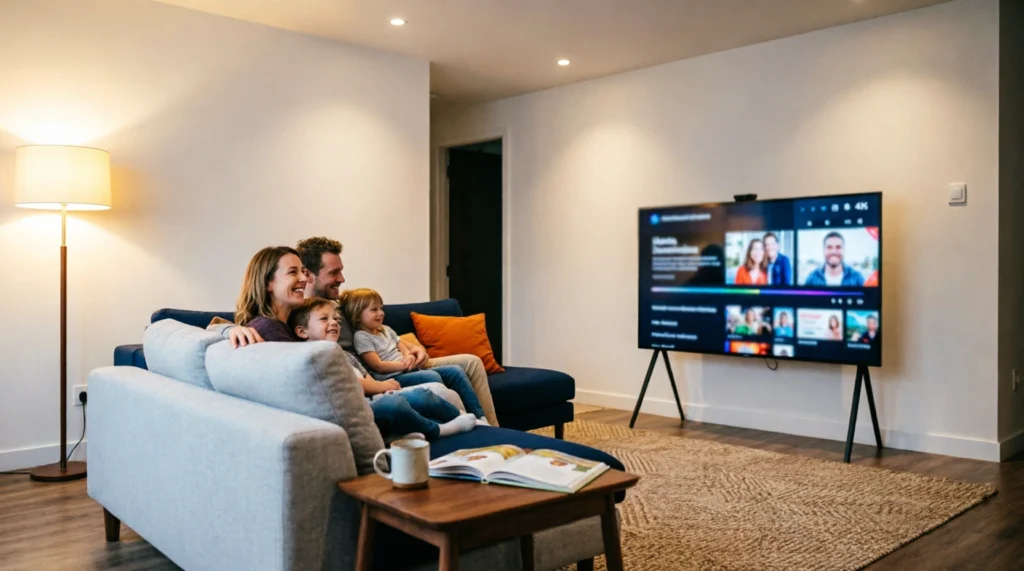 IPTV TV 2026 – Nederlandse familie kijkt samen naar 4K streaming op smart TV