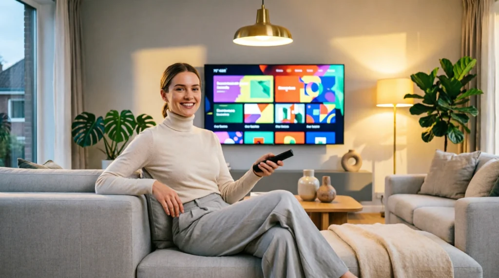 IPTV abonnement 4K 2026 — Nederlandse vrouw geniet van beste iptv abonnement op grote smart TV in modern woonkamer
