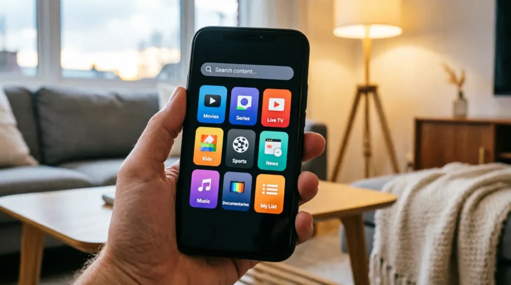 Beste iptv app android 2026 — beste iptv player op smartphone via iptv-aanbieders IPTV Smarters Pro interface