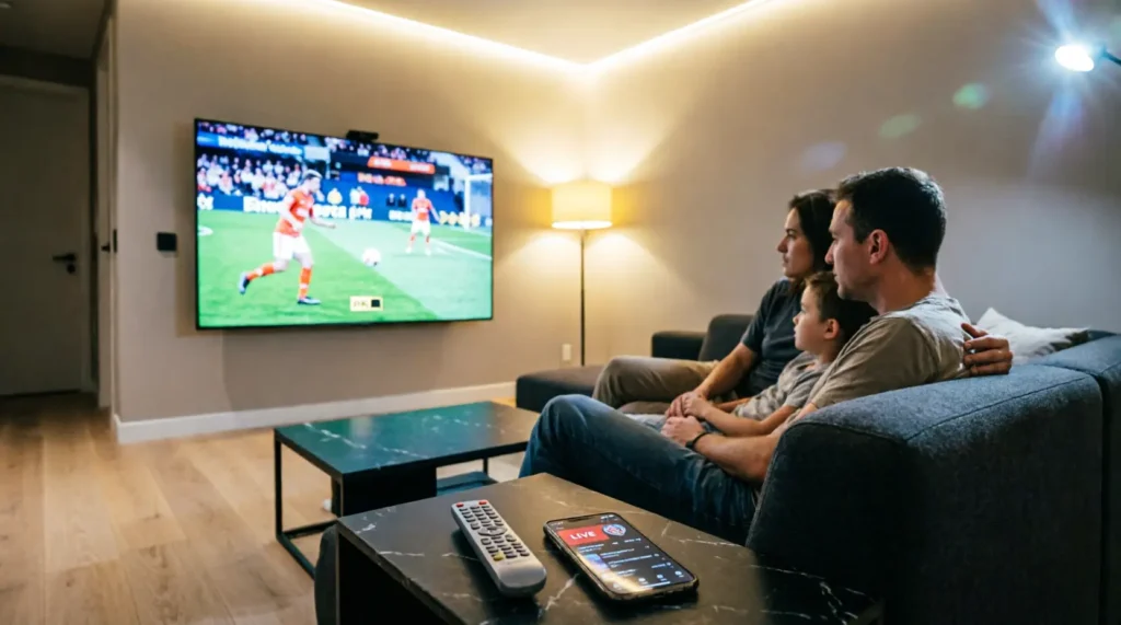 Familie kijkt IPTV kanalen Nederland in 4K op grote smart TV in moderne woonkamer