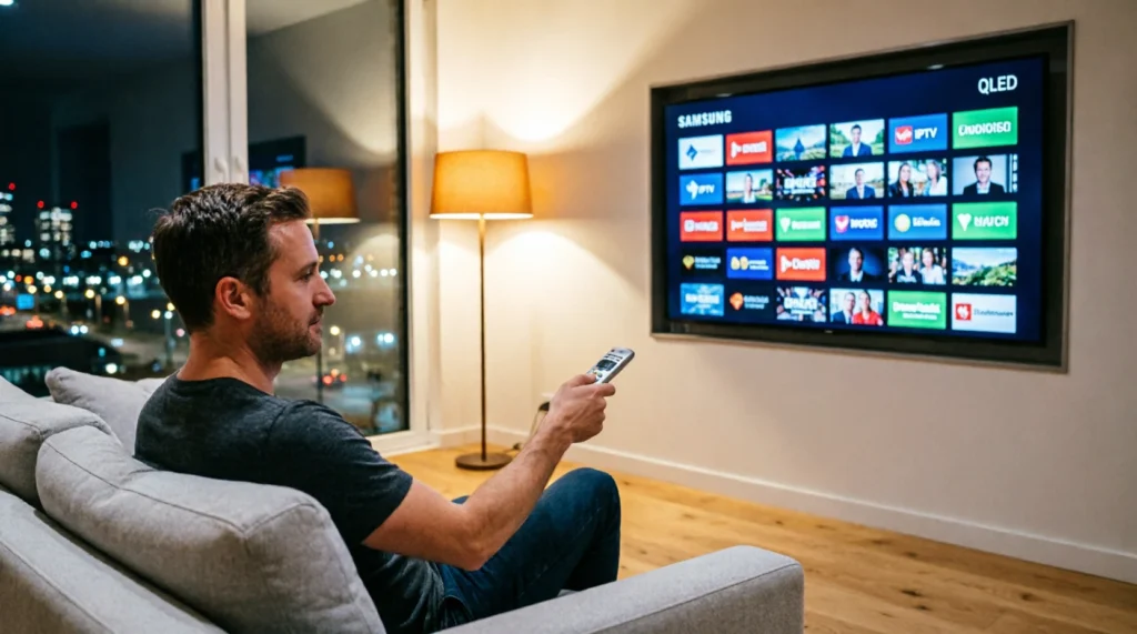 Man installeert IPTV op Samsung Smart TV in moderne Nederlandse woonkamer 2026