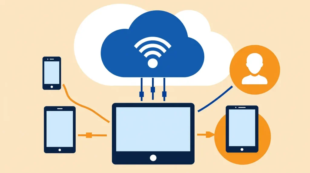 Schéma fonctionnement télévision internet IPTV zenders depuis serveur cloud vers Smart TV smartphone tablette et ordinateur en Nederland
