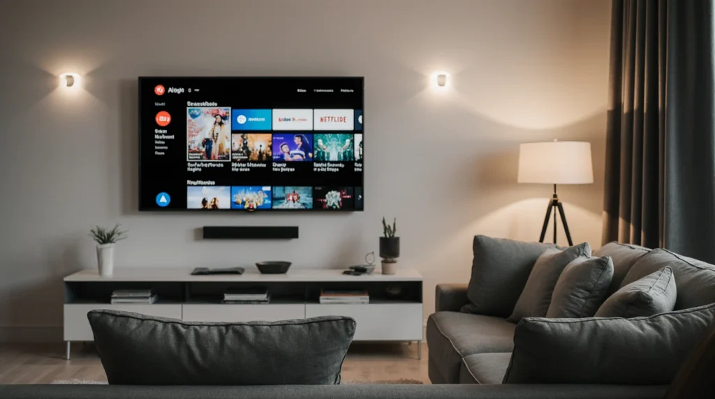 Beste IPTV abonnement 2026 op grote 4K smart TV in moderne woonkamer Nederland