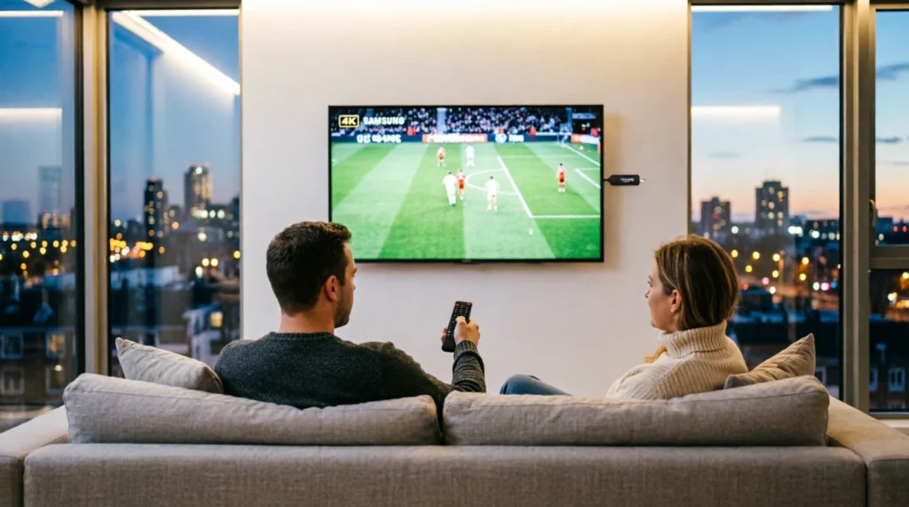 Stel je voor hoe iptv pakket kopen eruitziet in een Nederlandse woonkamer met een 65-inch smart tv die voetbal streamt via IPTV