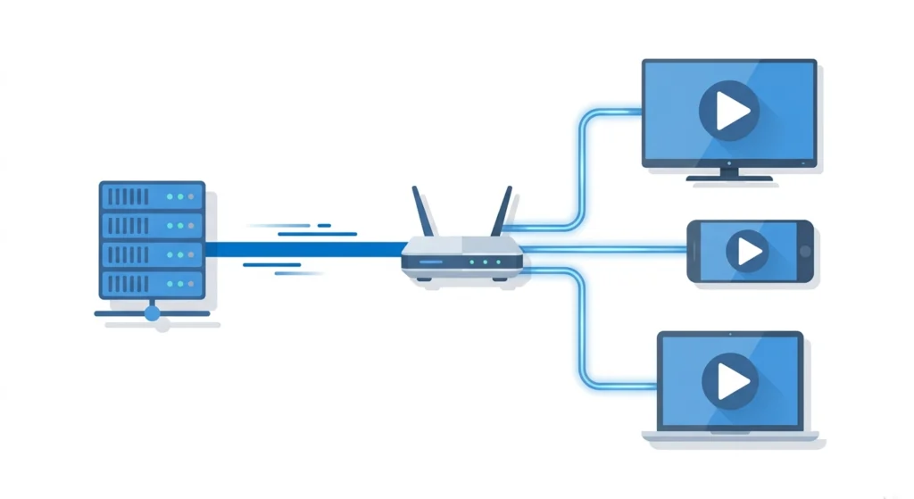 Hoe hot IPTV werkt: server, router en apparaten verbonden via internet