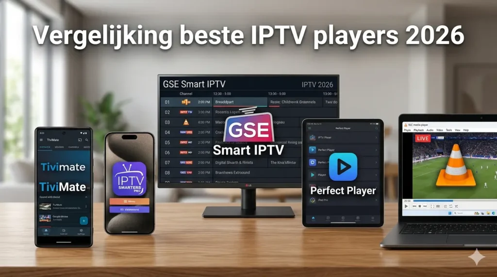 Vergelijking beste IPTV players 2026: TiviMate, IPTV Smarters Pro, GSE Smart IPTV, Perfect Player en VLC op Android, Smart TV en iPhone