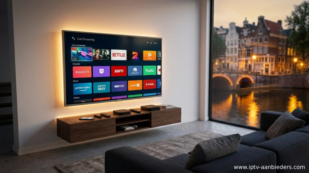 IPTV box kopen 2026: drie streaming devices naast elkaar op mediameubel onder grote 4K televisie in moderne Nederlandse woonkamer