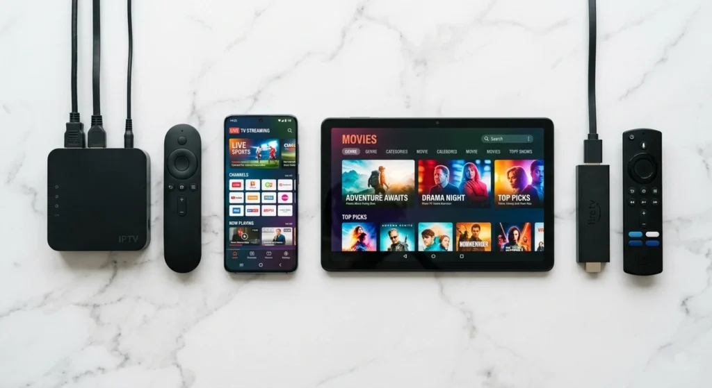 Vergelijking IPTV apparaten 2026: IPTV box, smartphone, tablet en Firestick naast elkaar op witte ondergrond