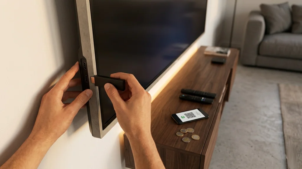 IPTV box installeren stap voor stap 2026: streaming stick in HDMI poort steken op grote 4K televisie in moderne woonkamer