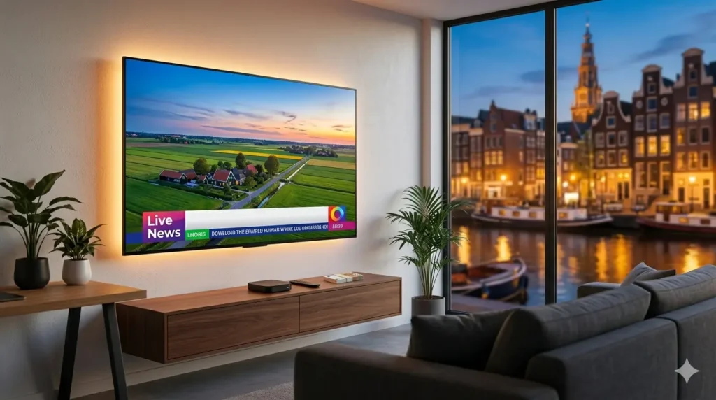 IPTV kopen voor beginners 2026: moderne woonkamer met Smart TV en streaming box in Nederland