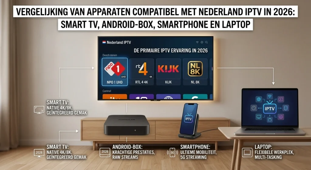 Vergelijking van apparaten compatibel met nederland iptv in 2026: Smart TV, Android-box, smartphone en laptop