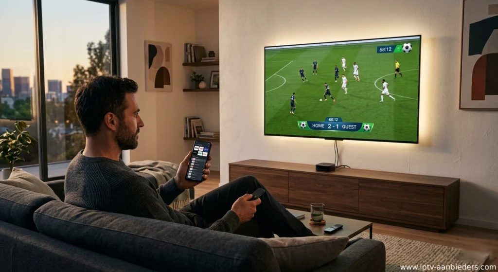 Man kijkt IPTV via slimme televisie in moderne woonkamer met 4K beeld en streaming apparaat