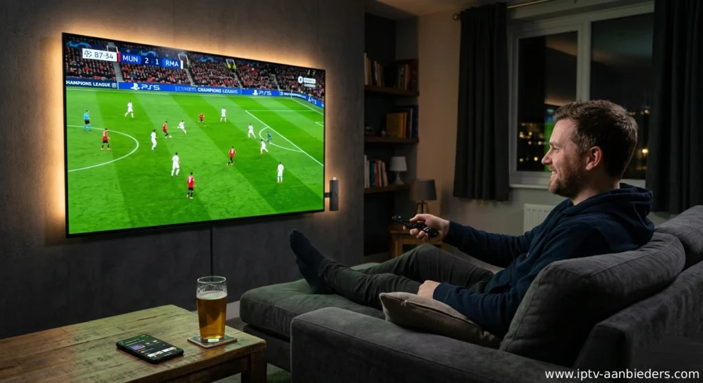 Man kijkt live voetbal via IPTV abonnement op grote smart TV in moderne woonkamer 2026