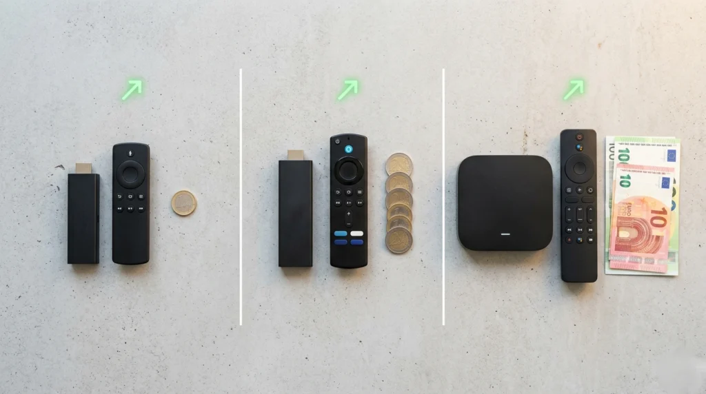 IPTV box kopen 2026 prijsvergelijking: budget streaming stick versus middenklasse versus premium Android TV box naast elkaar