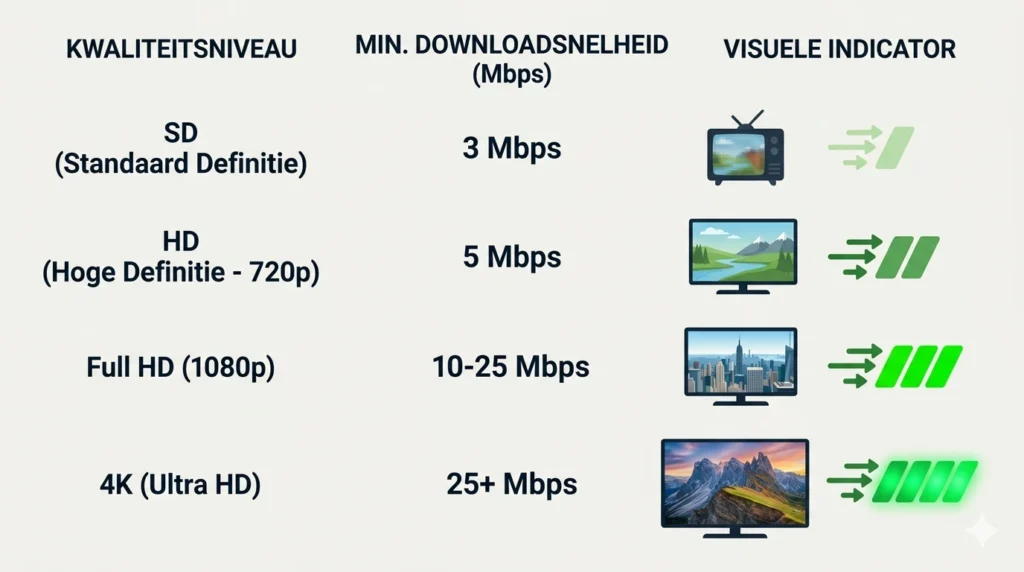 iptv beeldkwaliteit vergelijking SD HD Full HD 4K minimale internetsnelheid vereisten 2026