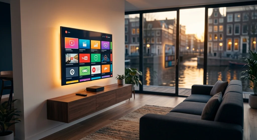Waar IPTV kopen 2026: moderne Nederlandse woonkamer met 4K Smart TV en IPTV streaming setup