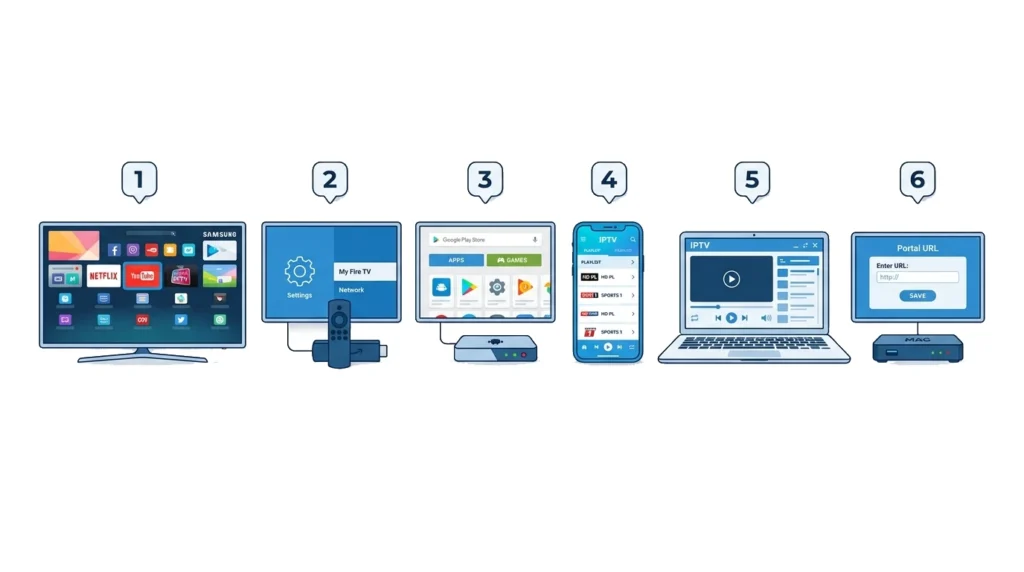 Overzicht van apparaten waarop je IPTV Climb kunt installeren: Smart TV, Fire TV Stick, Android box, iPhone, Windows en MAG Box