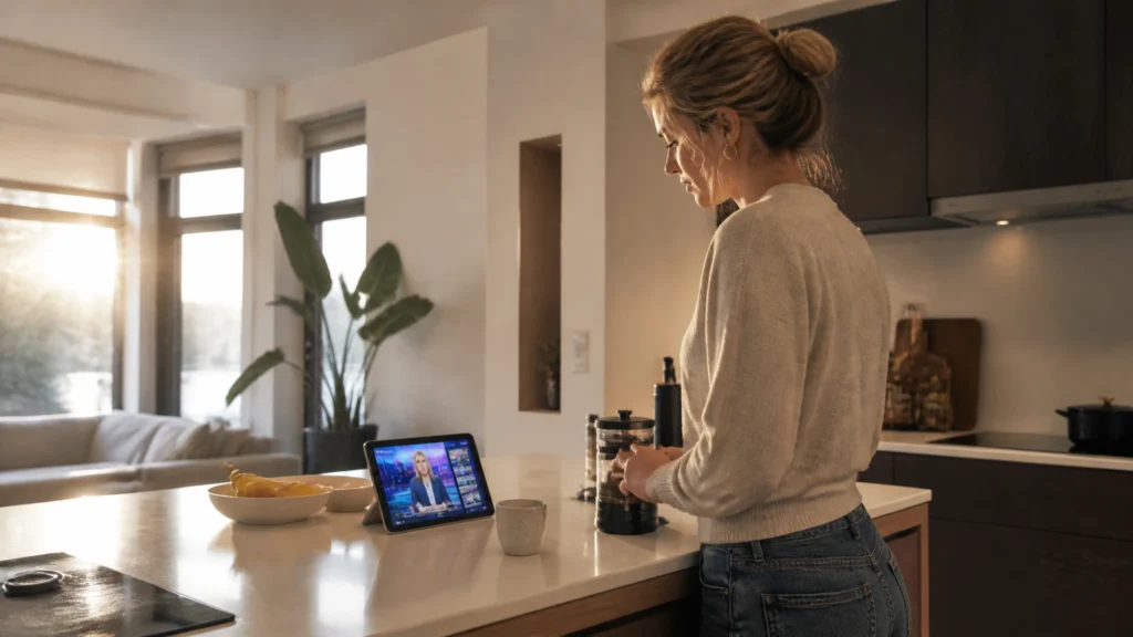IPTV abonnements bekijken op tablet in moderne keuken, live tv streamen met abonnement iptv nederland
