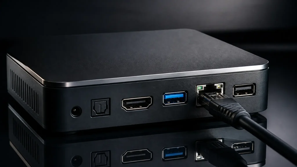 A high-performance android tv box 4k showing high-speed ports on a reflective dark glass tabletop.