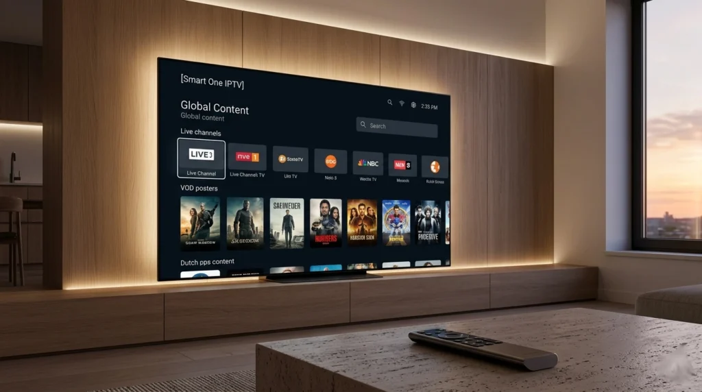 Smart One IPTV interface displayed on a premium smart TV in a modern Dutch apartment; perfect for streaming 4K content.