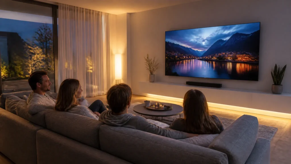 Diamond IPTV gebruikers genieten samen van 4K streaming op een grote smart TV in een moderne Nederlandse woonkamer