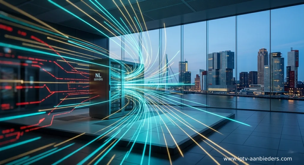 Conceptuele visualisatie van snelle, gloeiende cyaan en goudkleurige netwerklijnen die vertrekken vanuit 'NL SERVERS' in een modern Rotterdams datacentrum, terwijl trage buitenlandse lijnen achterblijven, met de haven van Rotterdam op de achtergrond bij schemering.