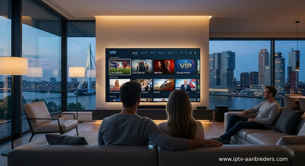 Brede cinematografische opname van het ontspannen moderne stel uit de intro in hun Rotterdamse loft, genietend van een naadloos geïntegreerde 4K Smart TV met een 'VIP' IPTV-interface, met de stad bij nacht buiten het raam.