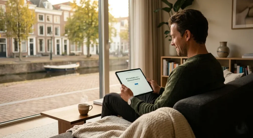 Televisie kijken met de beste IPTV voor Nederland — ontspannen man bevestigt abonnement via iptv-aanbieders