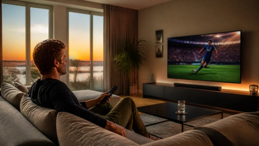 IPTV abonnements gebruiker kijkt live sport op smart TV in moderne woonkamer met smart iptv abonnement