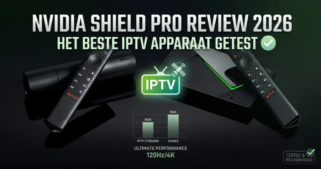 Nvidia Shield Pro aangesloten op een tv met TiviMate IPTV-interface in 4K