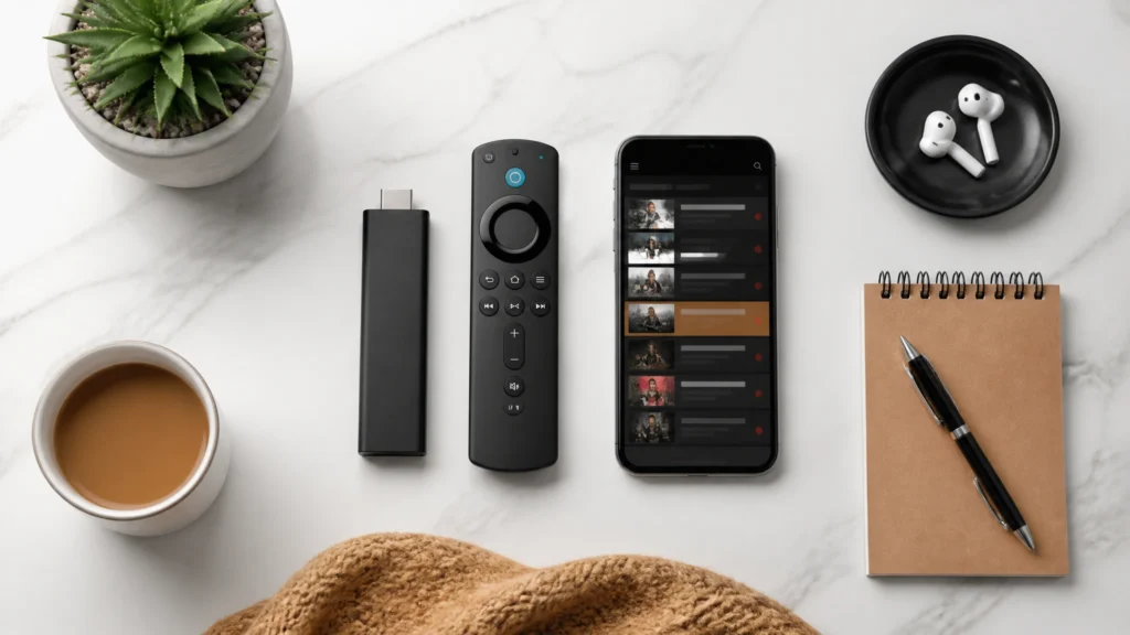 IPTV abonnements setup met Fire Stick, remote en smartphone voor smart iptv abonnement thuis installeren