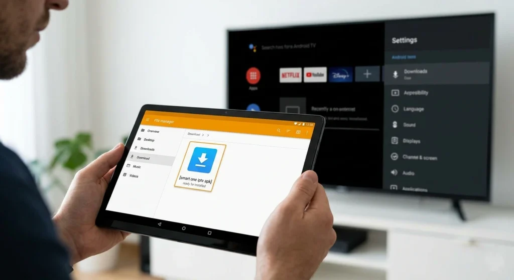 A user preparing to install the Smart One IPTV APK on an Android tablet; easy smart one iptv download process.