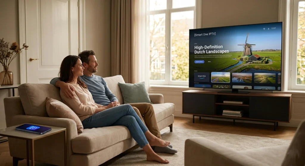 A relaxed couple enjoying Smart One IPTV content on a large sofa; the best IPTV provider experience.