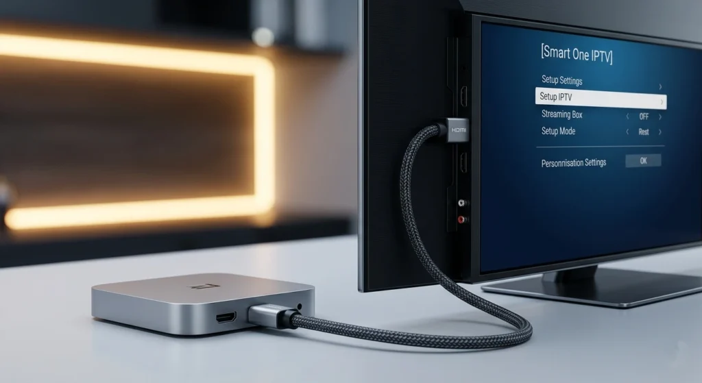 Smart One IPTV setup process showing the connection between a streaming box and TV for a best IPTV abonnement.