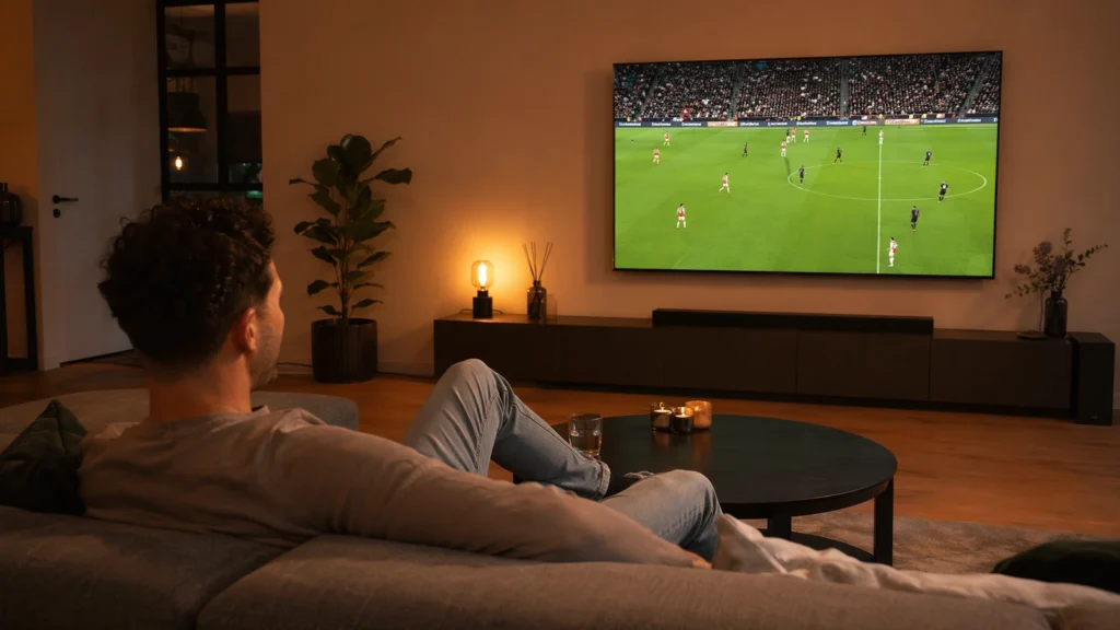 Man kijkt IPTV in 4K op een Samsung Smart TV in Nederland – iptv-aanbieders.com
