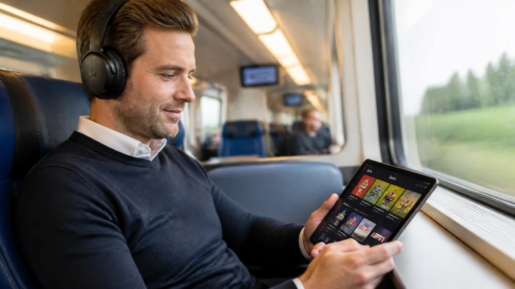 Man streamt live sport op tablet via het beste IPTV abonnement onderweg in de trein in Nederland.